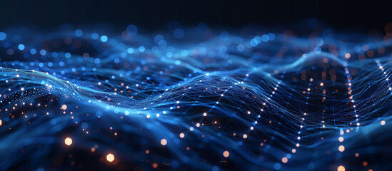 abstract wave with moving dots and lines. flow of particles. cyber technology illustration. 3d rende