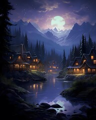 Wall Mural - Digital painting of a mountain village on a lake at night with full moon