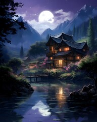 Wall Mural - Beautiful Japanese house in the mountains at night. Digital painting.