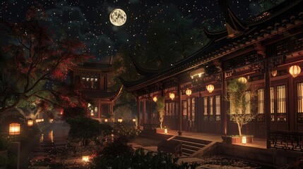 Wall Mural - traditional chinese temple at night realistic