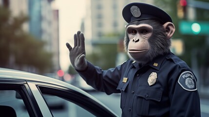 chimpanzee in a Police suit, photorealistic Portrait. Chimpanzee in police uniform posing in an urban setting. Chimp  police man, chimp police officer in a city streets. 