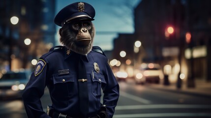 chimpanzee in a Police suit, photorealistic Portrait. Chimpanzee in police uniform posing in an urban setting. Chimp  police man, chimp police officer in a city streets. 