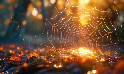Dew Covered Spider Web Close Up.
