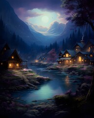 Wall Mural - Digital painting of a small village in the mountains with a river and the moon
