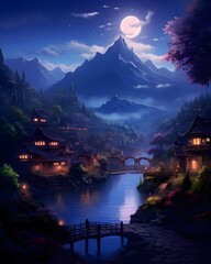 Wall Mural - Fantasy landscape with mountain and lake at night. Digital painting.