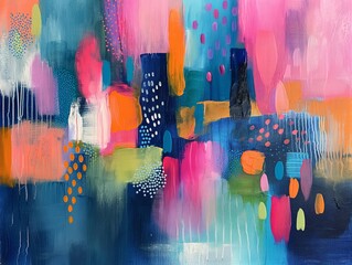 Wall Mural - A colorful painting with a blue background and a pink and orange foreground. The painting is full of different colors and brush strokes, giving it a lively and energetic feel