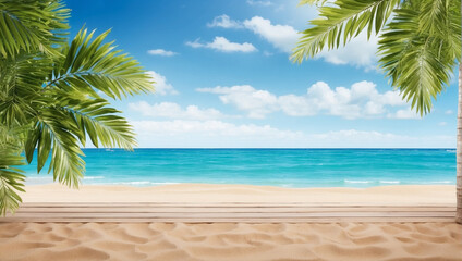 Wall Mural - Empty sand beach for product display with a background of blue sea and coconut leaves, backdrop with copy space