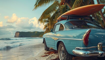 In the summer, a vintage car with a surfboard on its roof is parked on a tropical beach.