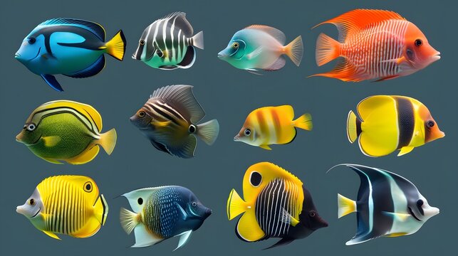 Collection of tropical ocean bright fish isolated on background, marine life with colorful fishes, aquarium underwater world concept.