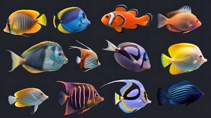 Collection of tropical ocean bright fish isolated on background, marine life with colorful fishes, aquarium underwater world concept.