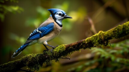 : A brilliant blue jay perched on a moss-covered branch in a dense woodland, its vibrant feathers strikingly vivid against the muted greens and browns of the forest,