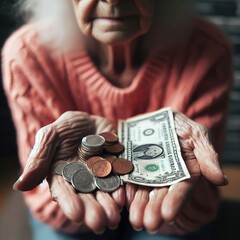 An elderly woman holds out money, pennies. Senior woman