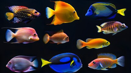 Wall Mural - Collection of tropical ocean bright fish isolated on background, marine life with colorful fishes, aquarium underwater world concept.
