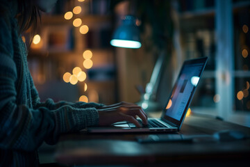 Casual woman hand typing on laptop computer overtime working at night at home office