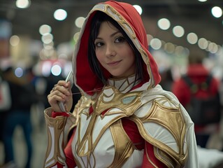 A woman in a costume with a red hood and gold trim poses for the camera. The image has a whimsical and playful mood, as the woman is dressed in a fantastical outfit and he is smiling