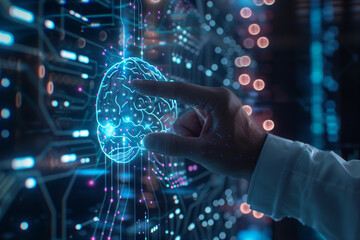 Wall Mural - AI Artificial Intelligence Machine learning Business man touching on digital brain AI symbol with big data network connection deep learning data science technology business intelligence
