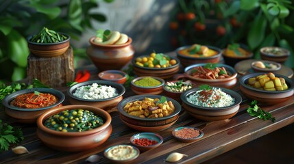 Wall Mural - A colorful array of Indian dishes presented in traditional earthenware bowls on a wooden table, perfect for culinary concepts and restaurant advertising. realistic hyperrealistic 