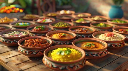 Wall Mural - A colorful array of Indian dishes presented in traditional earthenware bowls on a wooden table, perfect for culinary concepts and restaurant advertising. realistic hyperrealistic 