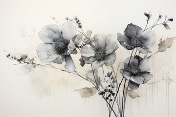 A beautiful black and white painting depicting flowers against a simple white background, capturing elegance and simplicity in its artistic presentation