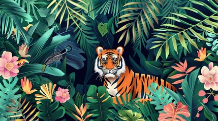 Canvas Print - Jungle Illustration: Exotic Tropical Floral Background with Wild Animals and Palm Trees