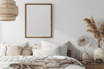 Wall Mural - Mockup frame in cozy bedroom interior background 3d render