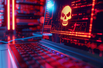 system hacked warning alert on laptop computer. cyber attack on computer network virus spyware malwa