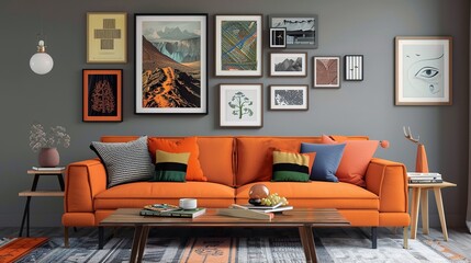 Wall Mural - a cozy living room with an orange couch adorned with a variety of pillows, including gray, blue, green, and orange the room features a gray wall and a wood table with a