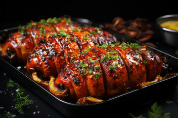 Wall Mural - A large piece of meat is seen resting in a cooking pan on a table, ready to be prepared. The scene hints at the start of a delicious cooking process