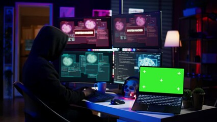 Hacker doing computer sabotage using trojan ransomware on green screen laptop. Cybercriminal uses mockup device to demand ransom money from victims in exchange for access to their data, camera B