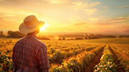 Wall Mural - person in straw hat watching sunset over farmland