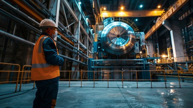 A worker standing in front of a massive uranium processing facility monitoring the machinery.