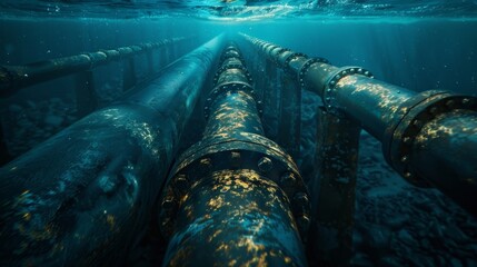 Canvas Print - Aerial view of a massive underwater pipeline spanning across the ocean floor.