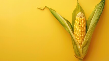 Wall Mural - Ear of corn with husk partially peeled on yellow background