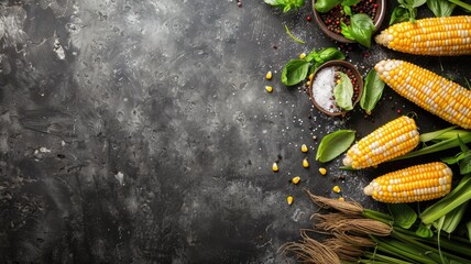 Fresh corn cobs with spices and herbs on dark textured background