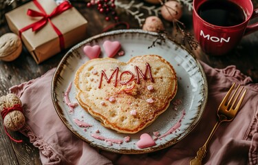 Heart-shaped pancakes spell MOM on white plate, backed by pink and red napkins