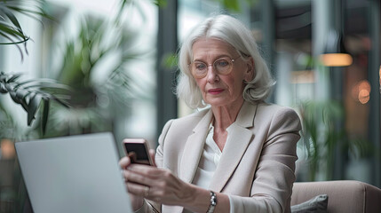 Older woman using a laptop and smartphone in a professional setting