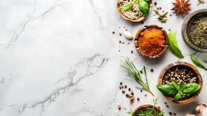 Wall Mural - Variety of colorful spices and herbs arranged on white marble surface