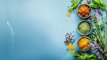 Wall Mural - Array of spices and herbs spread on blue backdrop