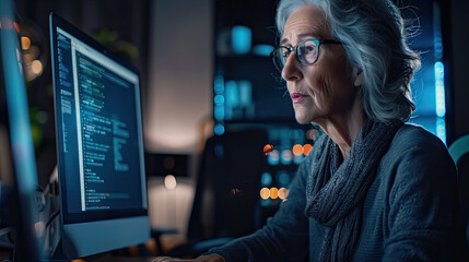 Older woman reviewing code on a desktop computer in a tech office