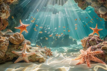 Wall Mural - A coral reef with a few starfish and fish. The fish are swimming in the water and the starfish are on the rocks