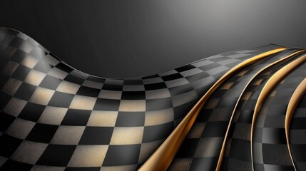 Wall Mural - Checkered gold flag wave flying on black, blank space design, sport race championship success background	