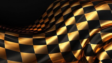 Wall Mural - Checkered gold flag wave flying on black, blank space design, sport race championship success background	