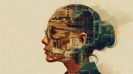 Wall Mural - A double exposure illustration of an AI female head wearing glasses with architectural blueprints inside, 