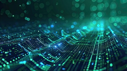A computer screen with a green background and a lot of dots. The dots are arranged in a way that creates a sense of movement and energy. The image conveys a feeling of technology and innovation