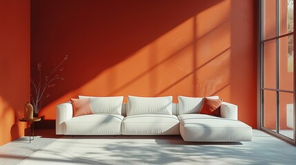 Wall Mural - 3D rendering of a modern living room featuring a white fabric sofa against a coral wall.