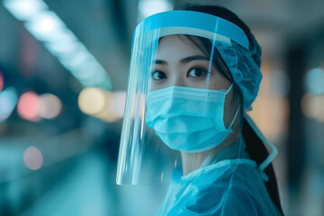 Wall Mural - Close-up of a healthcare worker in protective gear, including a face mask and face shield, with a blurred background