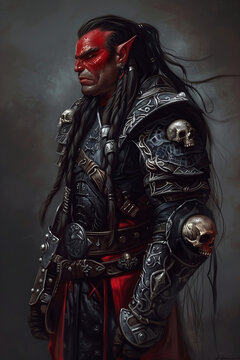 Portrait of a half elf half orc warrior with red painted face and wearing a black armor  human skulls on it stands in front of a wall. Fantasy world character with long black hairs on black background