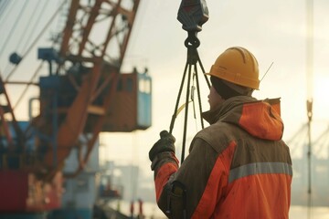 Wall Mural - Professional civil engineer looking crane working and lifting box at construction site. Portrait of skilled industrial worker wearing hard hat or safety helmet managing and checking at site. AIG42.