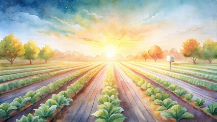 Wall Mural - Rows of healthy crops bask in sunlight on a smart farm, where sensors and IoT devices ensure optimal growing conditions, maximizing yield while conserving resources