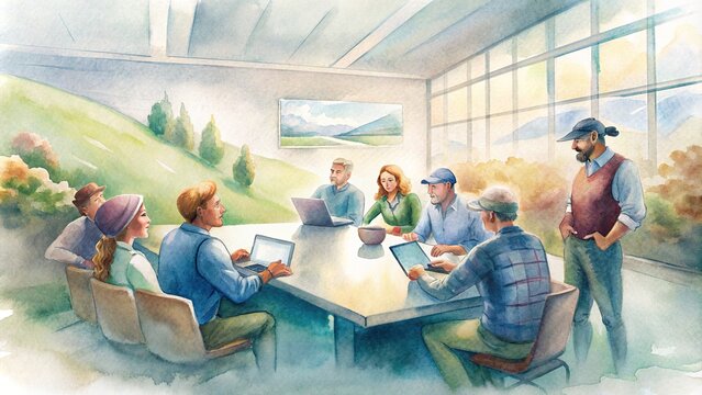 A group of farmers collaborating in a modern meeting room on a smart farm, discussing data-driven strategies for optimization
